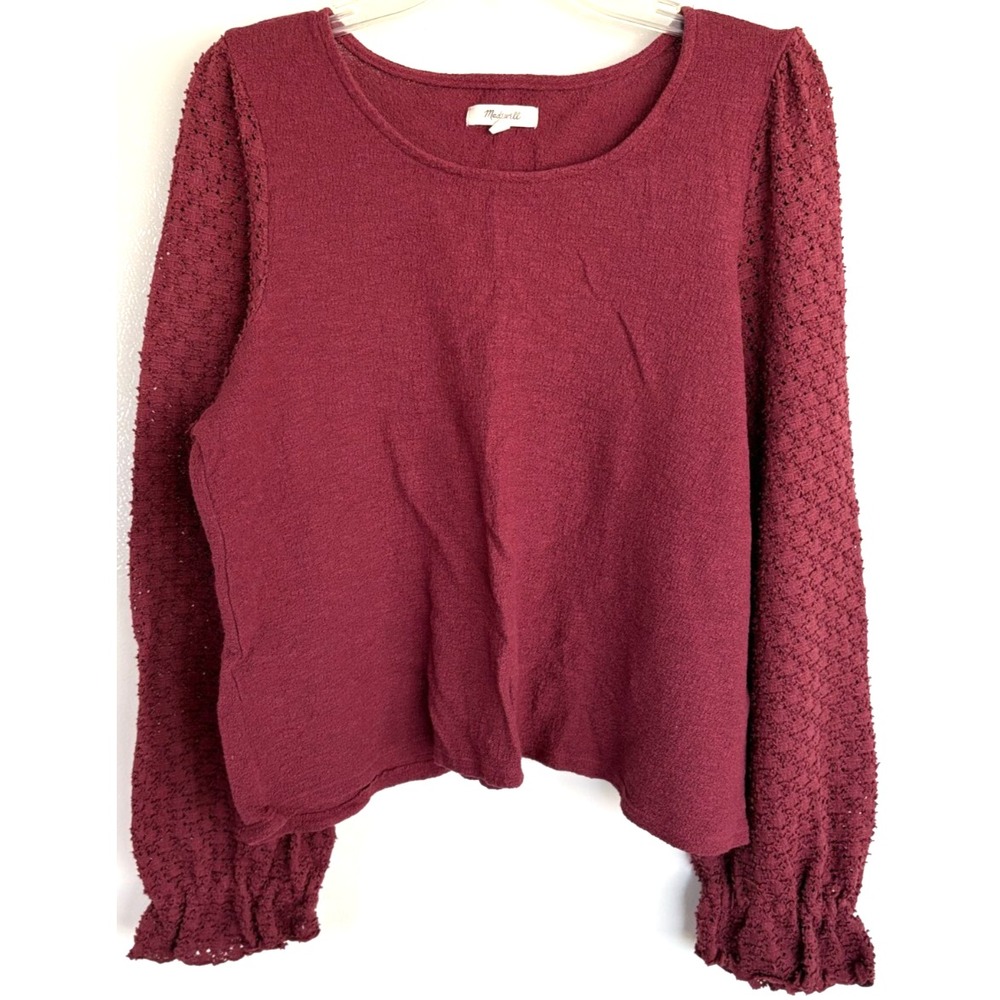 Madewell Womens L Eyelet Mix Ruffle Sleeve Top Maroon Balloon Sleeve Lightweight